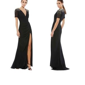 Elegant Black Maxi Dress with Embellished Shoulders